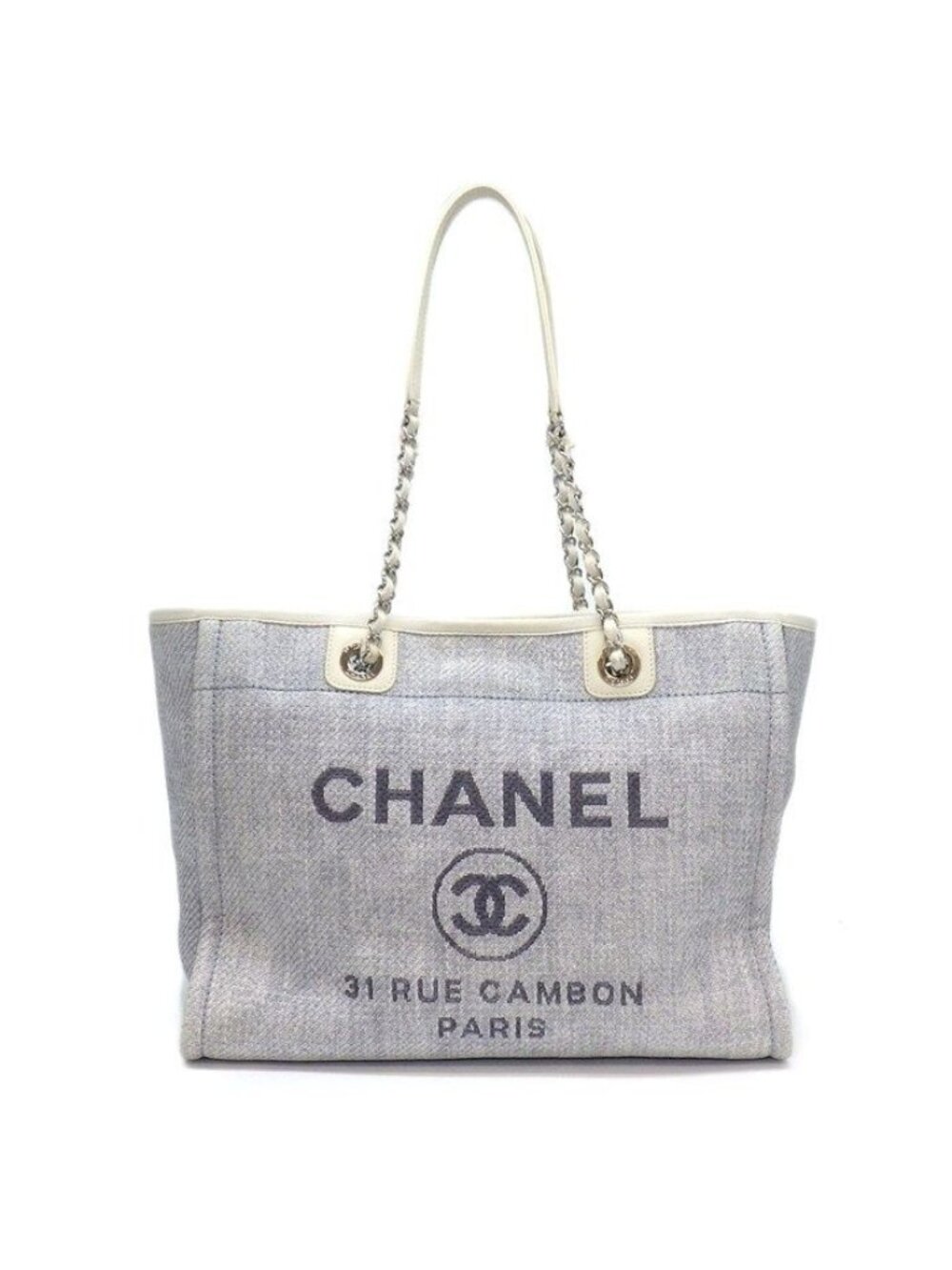 Chanel Shoulder Bag Deauville MM Chain Tote Blue White Raffia Leather Silver